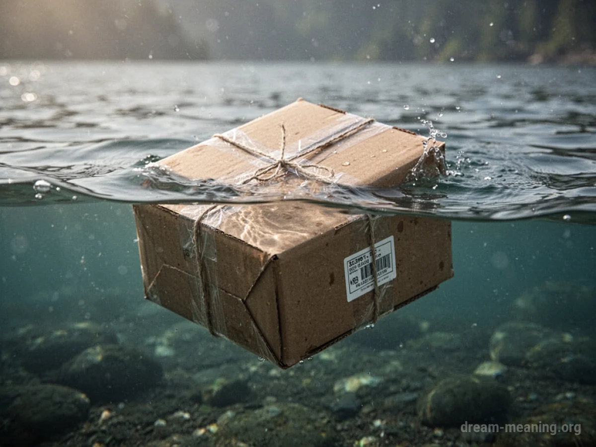 A cardboard package floating in water.