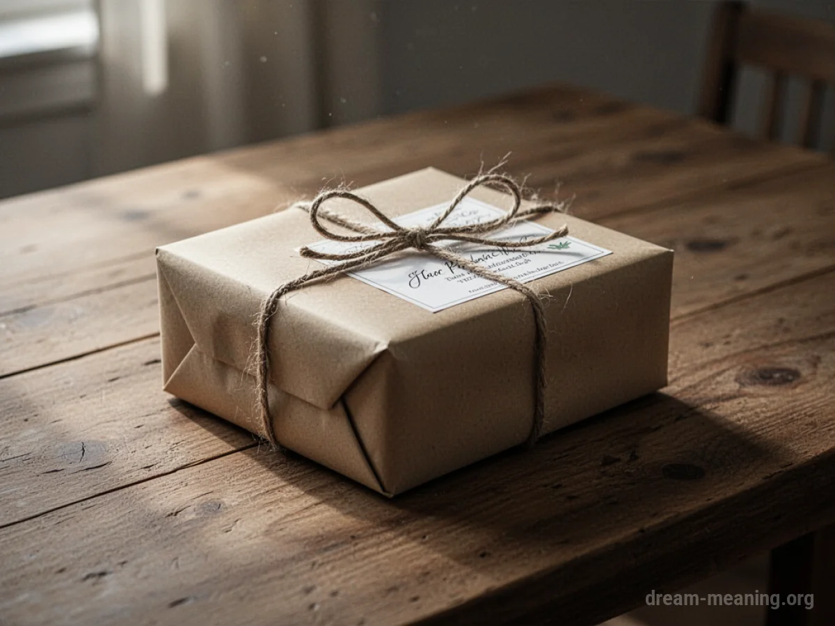 A gift-wrapped package resting on a wooden surface.