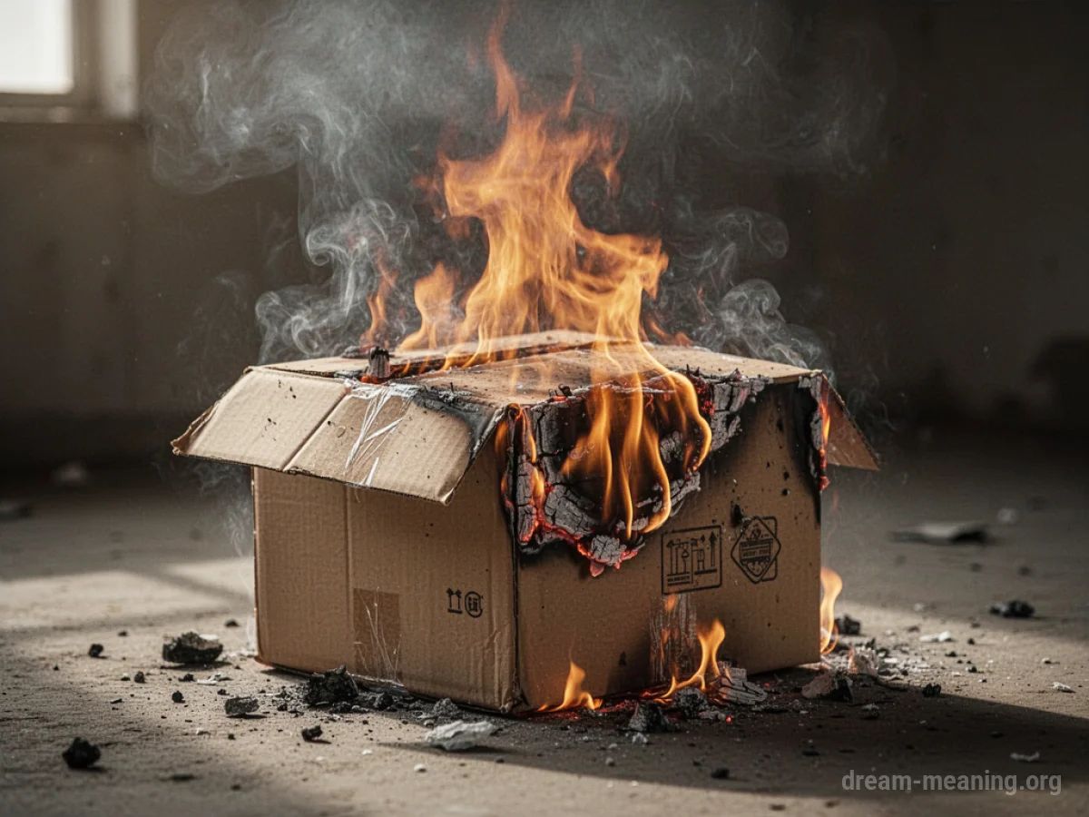 A package burning intensely with visible flames and smoke.