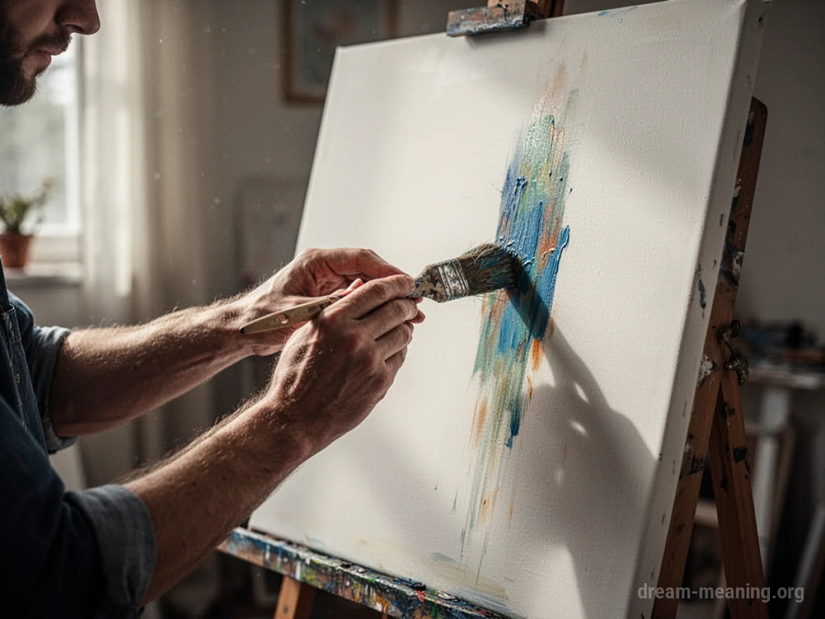 Hands painting on a canvas with a brush.