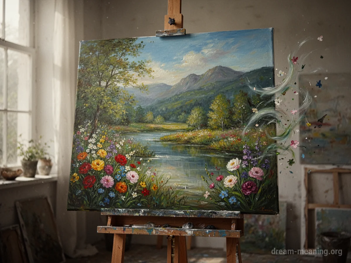 A painting on an easel with figures and elements appearing to move.