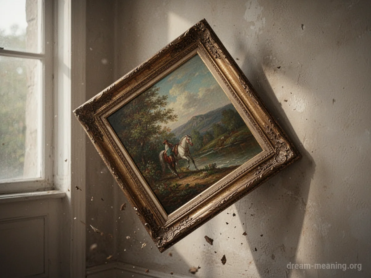 A framed painting tilting forward on a wall.