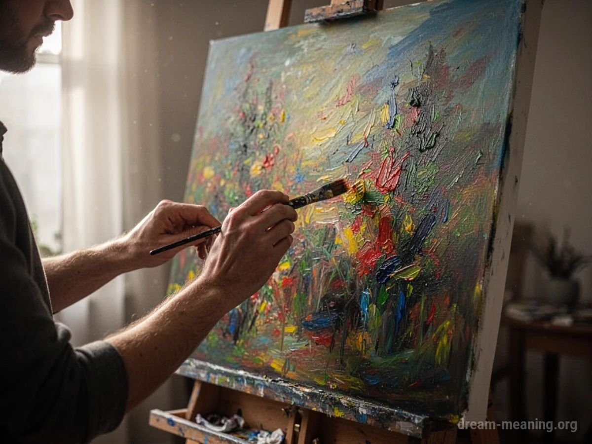 Hands painting the final details on a large, colorful canvas.