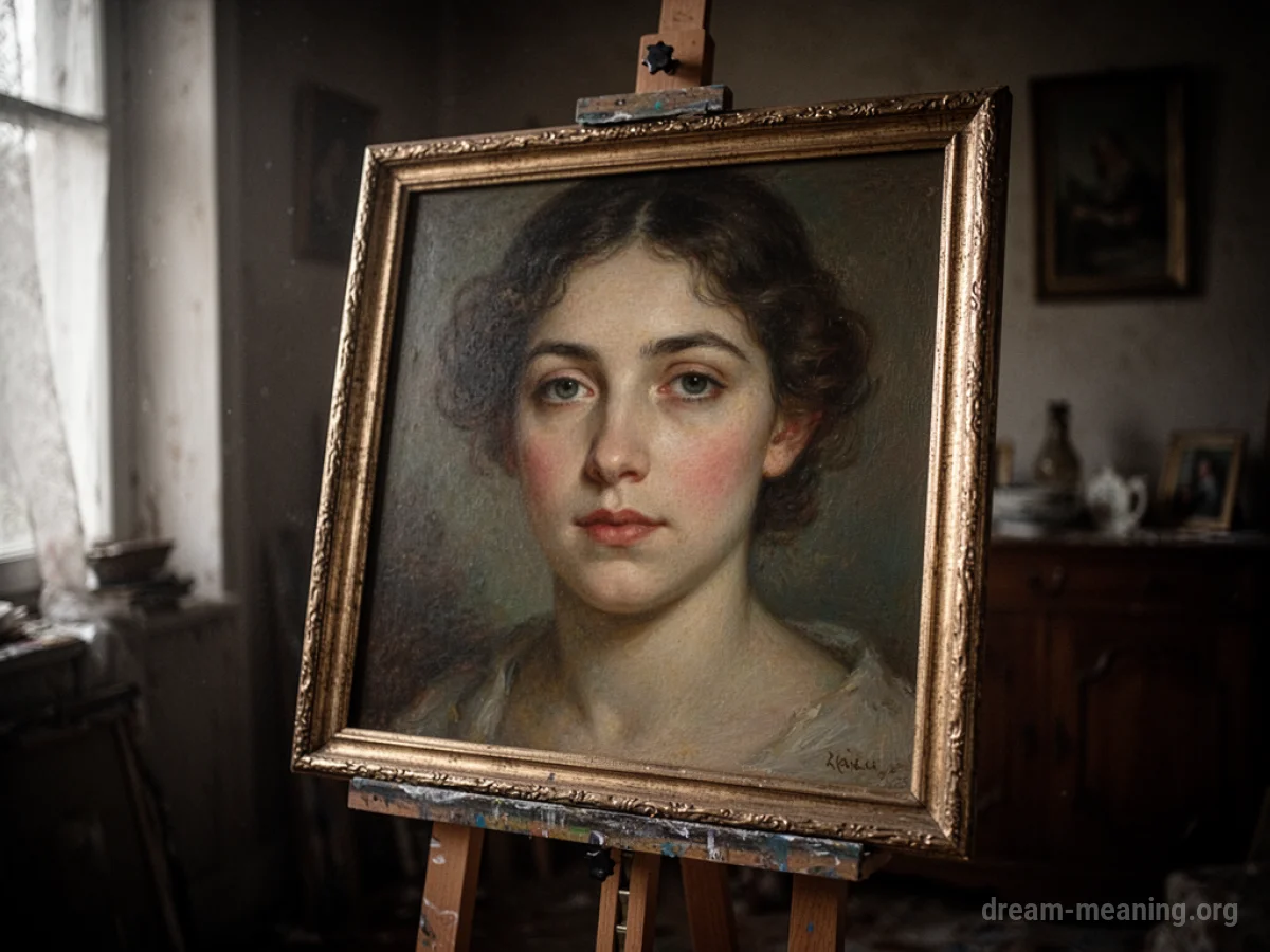 A framed painting of a woman's face on an easel.