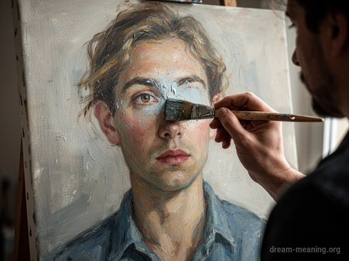 A hand with a paintbrush approaches a canvas showing a partially obscured figure.