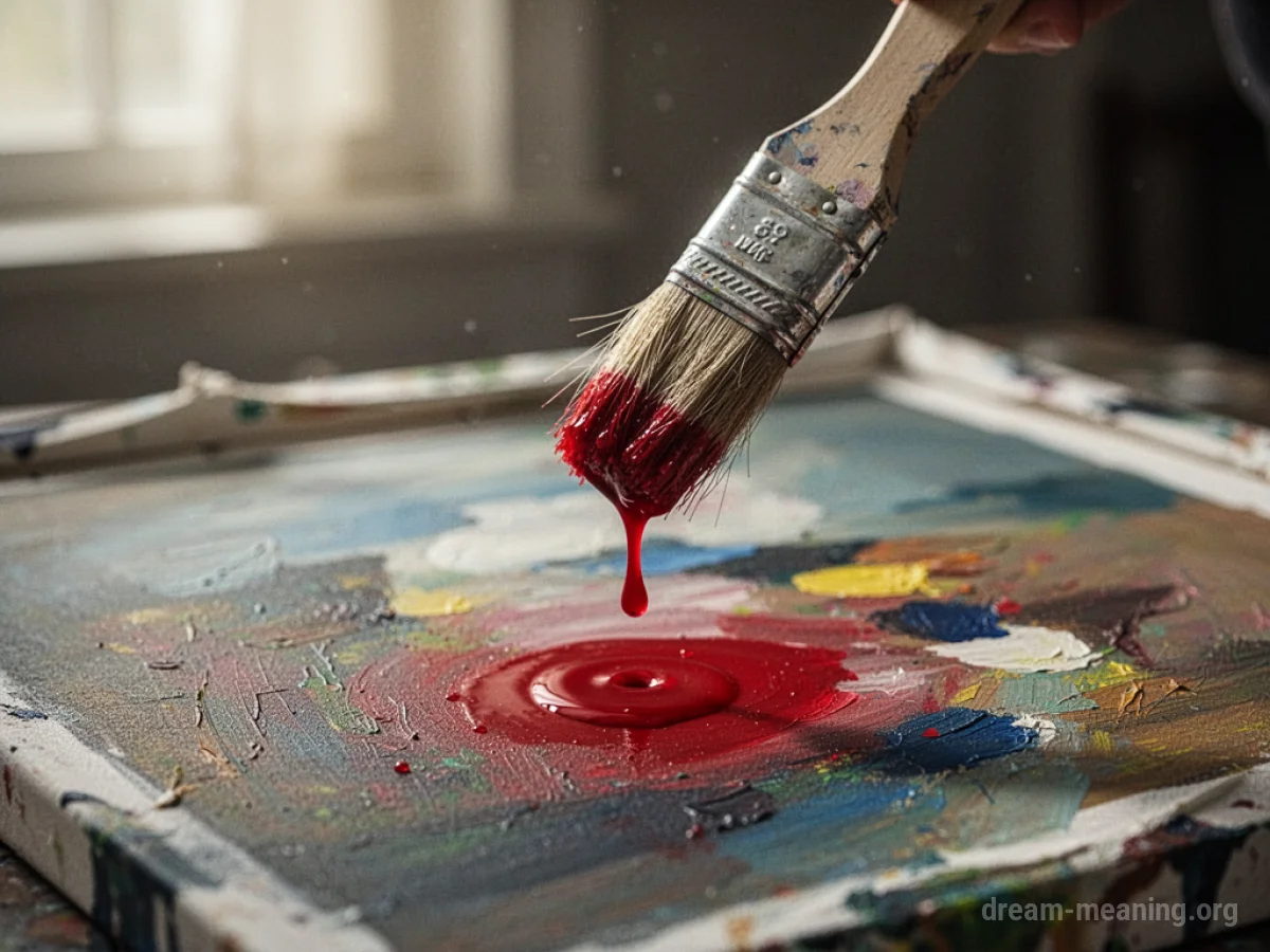 A paintbrush poised above a blank canvas, with a single red drop falling.