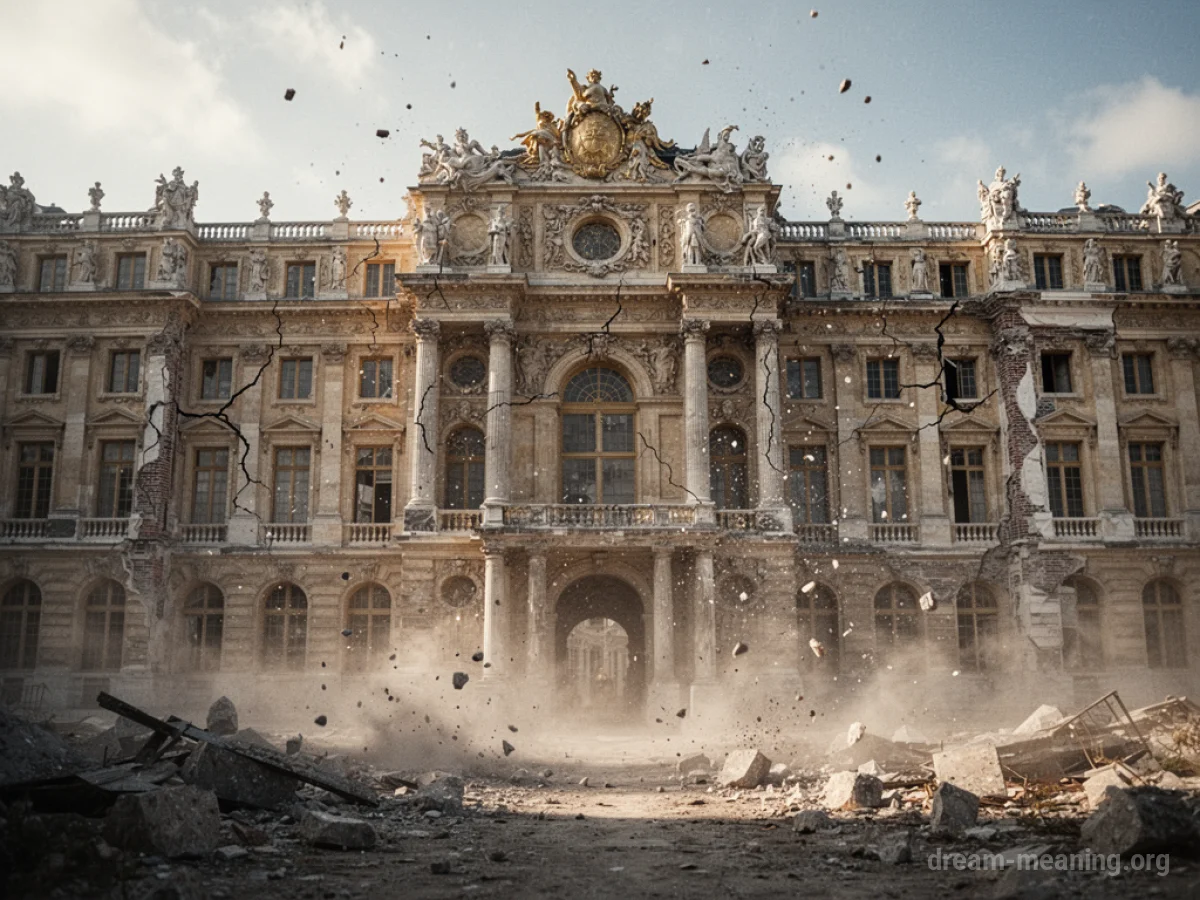 A large palace with parts of its walls and roof caving in.