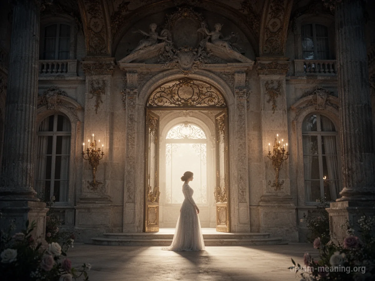 A large, ornate palace facade with a soft light in the doorway and a motherly silhouette.