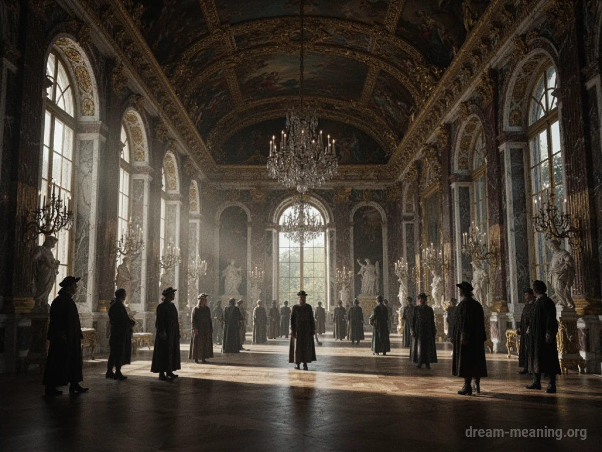 Silhouettes of people in a large, empty palace hall.