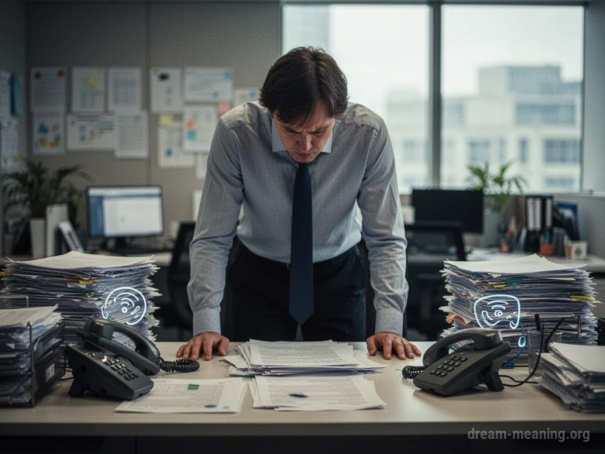 A person overwhelmed at an office desk with papers and ringing phones.