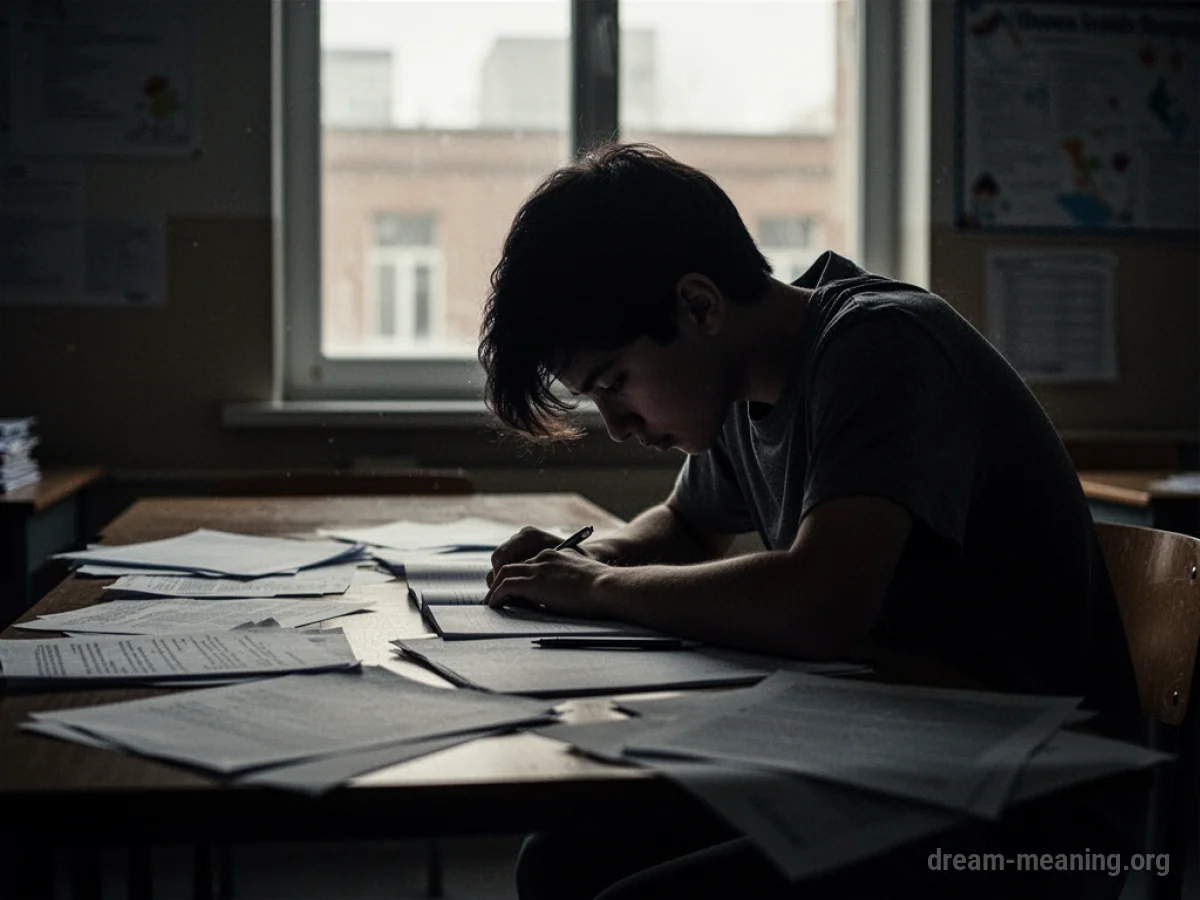 Silhouette of a student at a desk with papers.