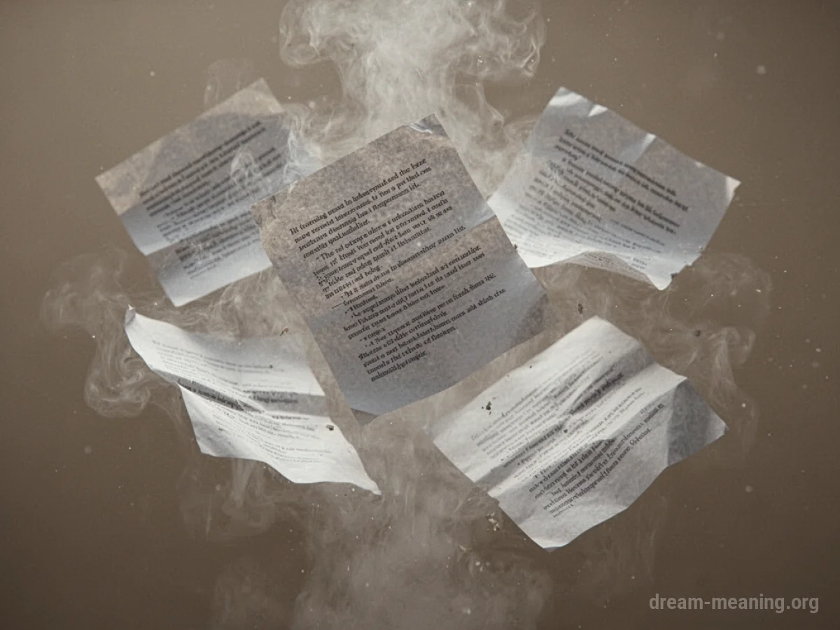 Sheets of paper with text are dissolving into a light mist.