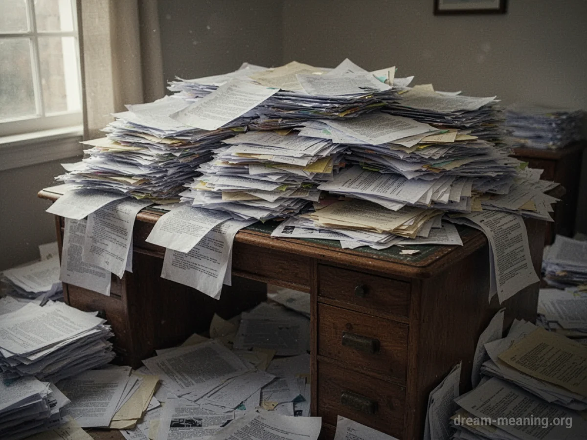 A desk covered in a large pile of documents.