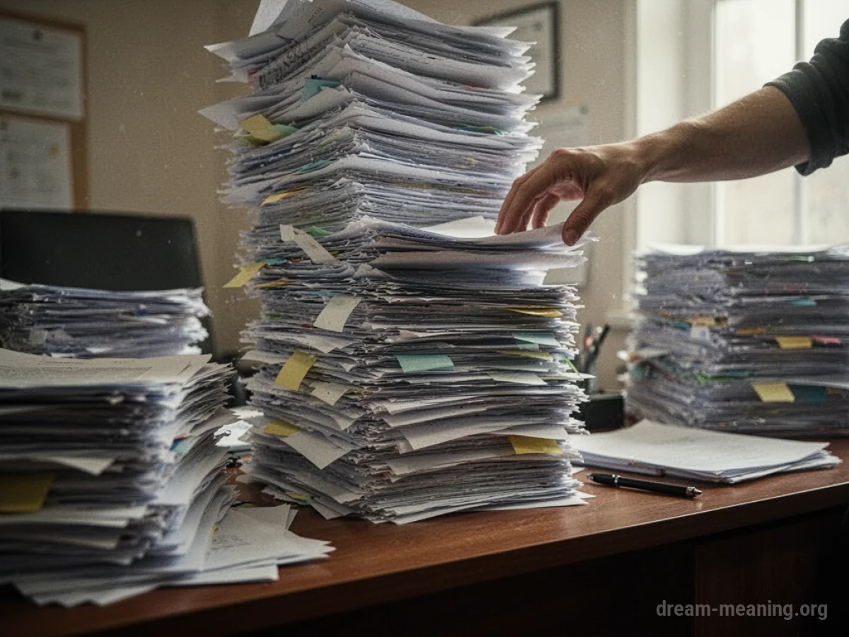 A desk with extremely tall stacks of paper.