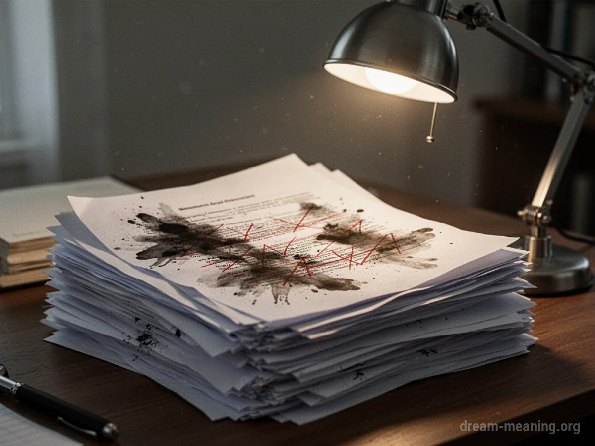 A stack of papers with visible errors and corrections on a desk.