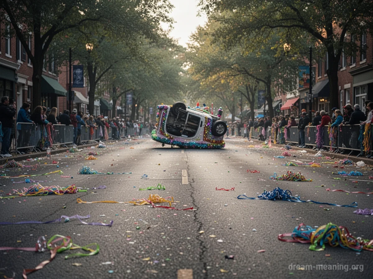 An empty street with scattered parade decorations and an overturned float in the distance.