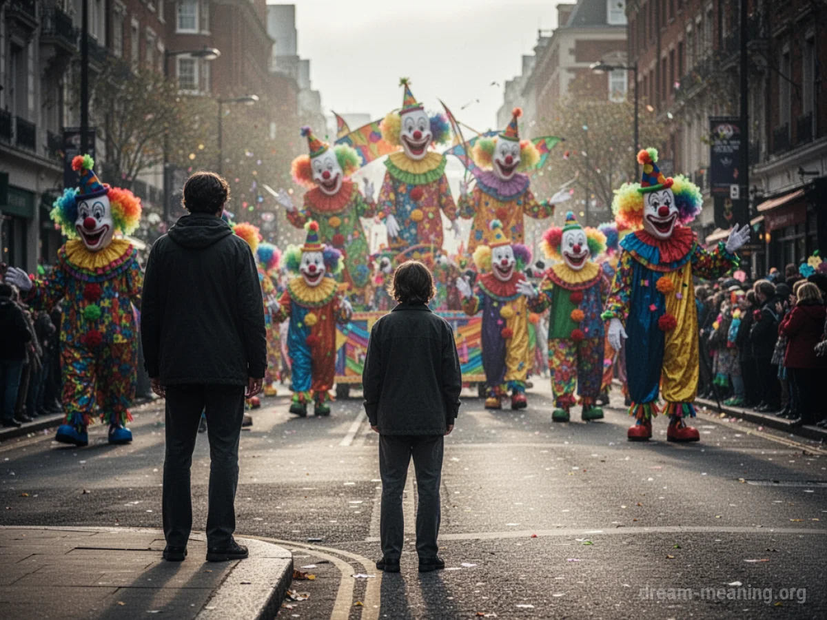 A person stands on the sidewalk watching a parade of clowns in the distance.