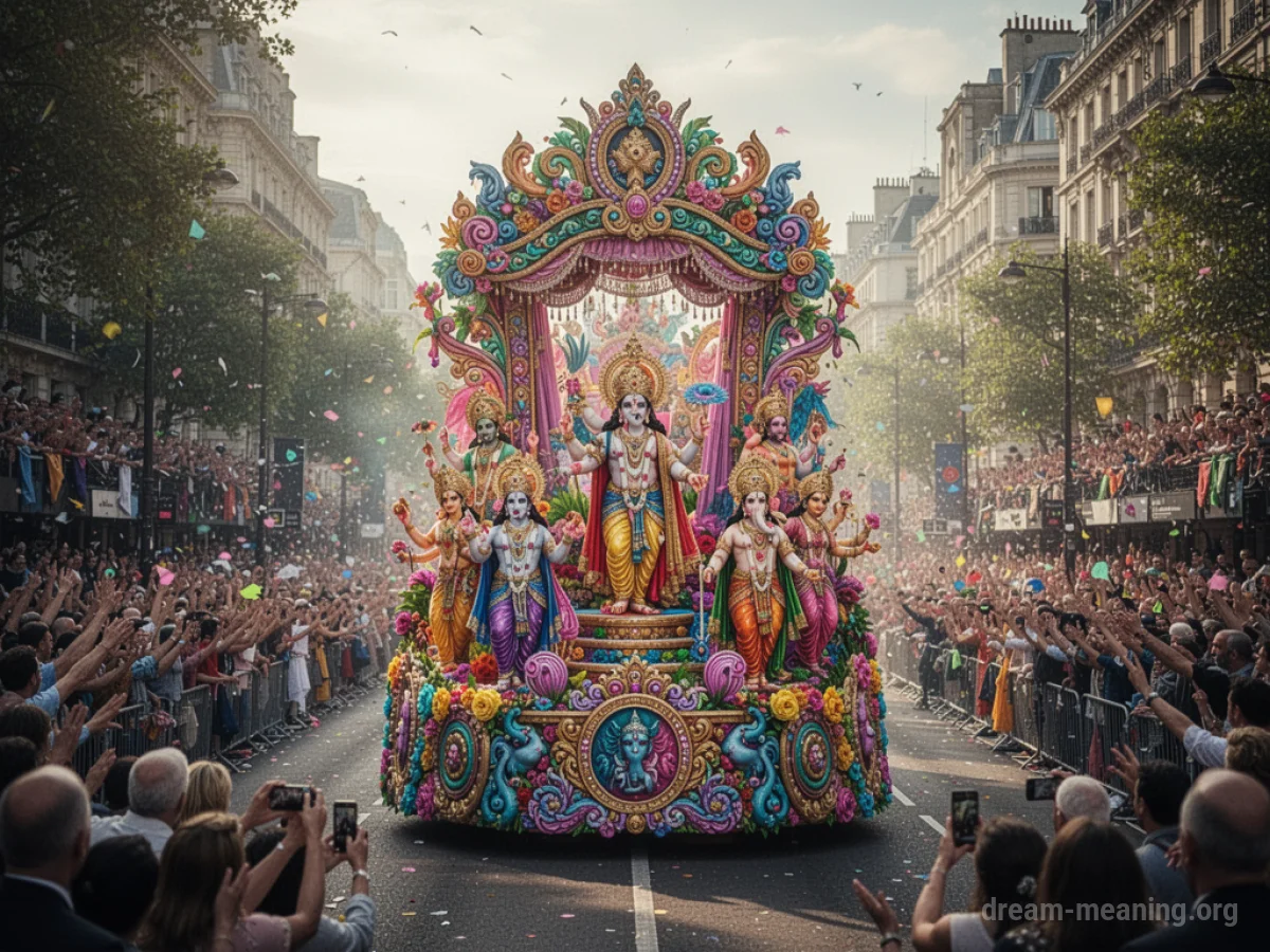 A colorful parade float with people on it, moving down a street.