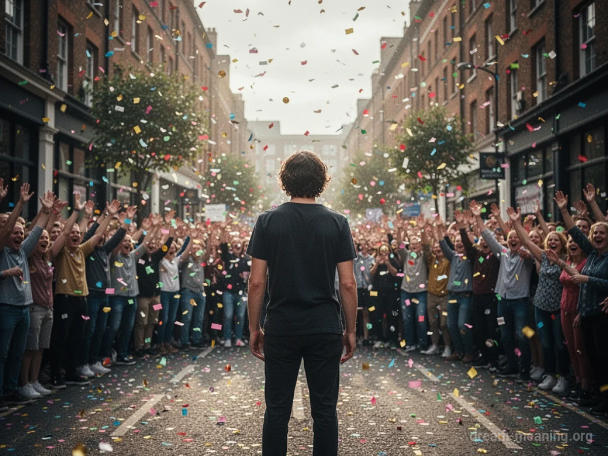 A person standing alone on a street with a crowd in the background.