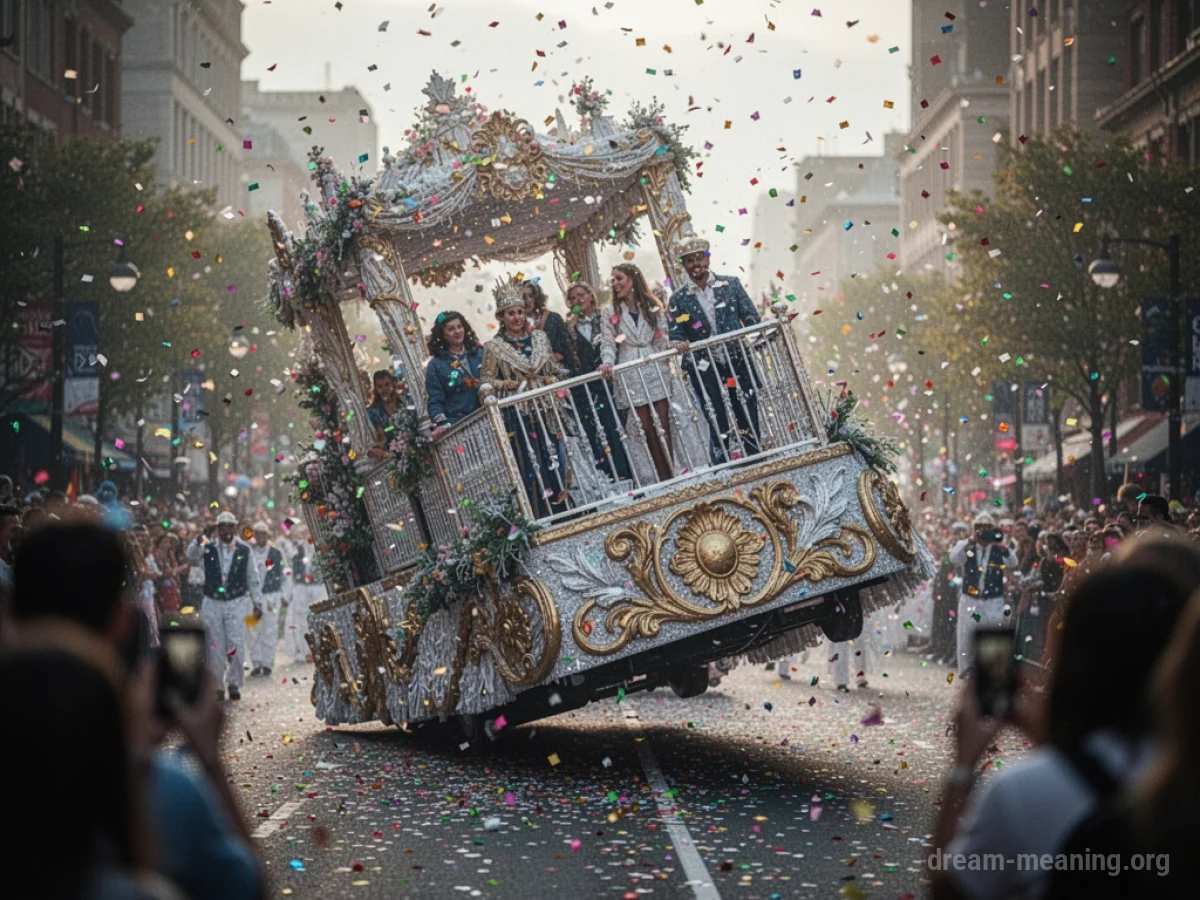 A parade float tilted to one side, with scattered confetti and indistinct figures.