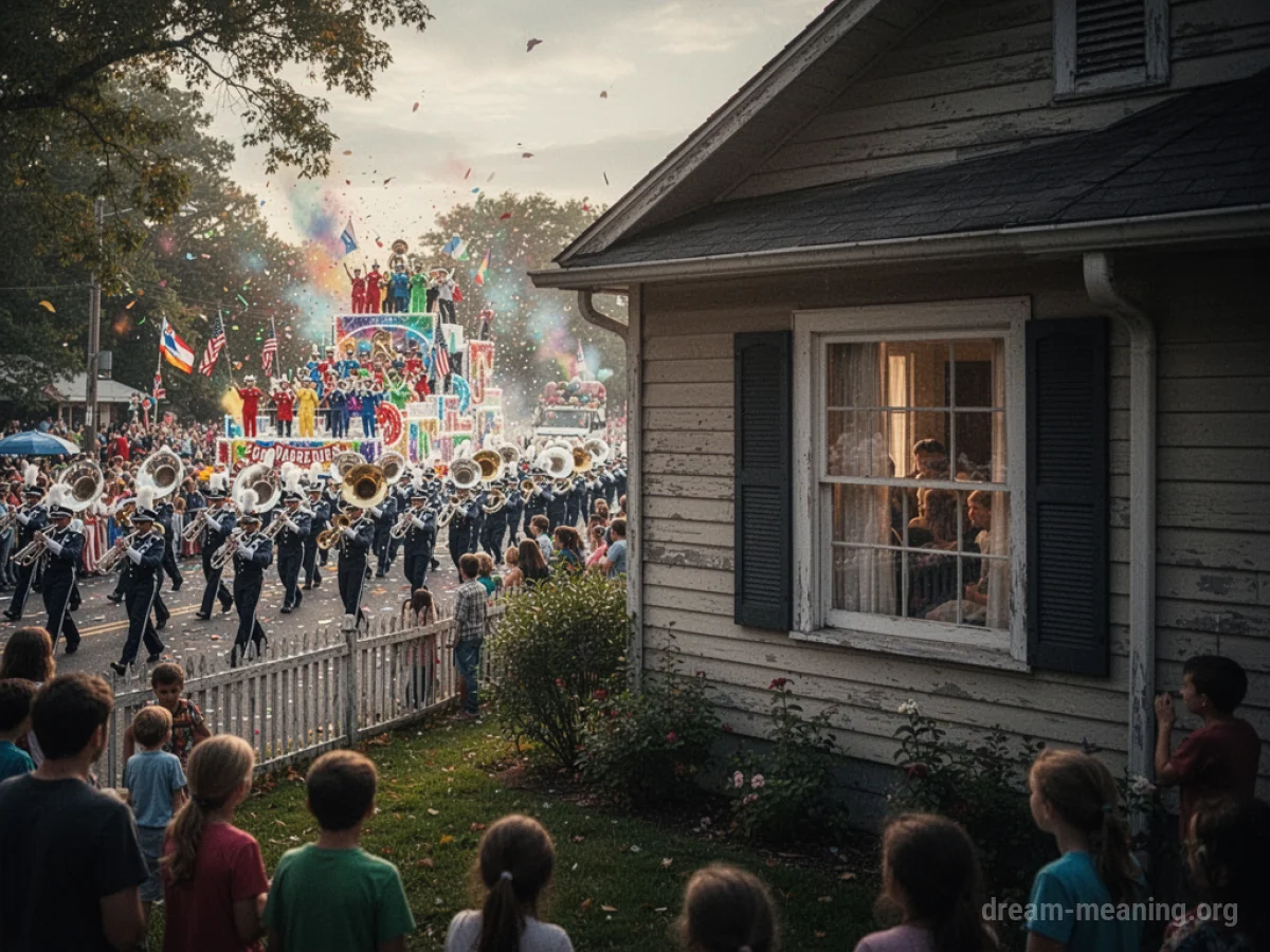 A parade is seen moving past the front of a residential house.