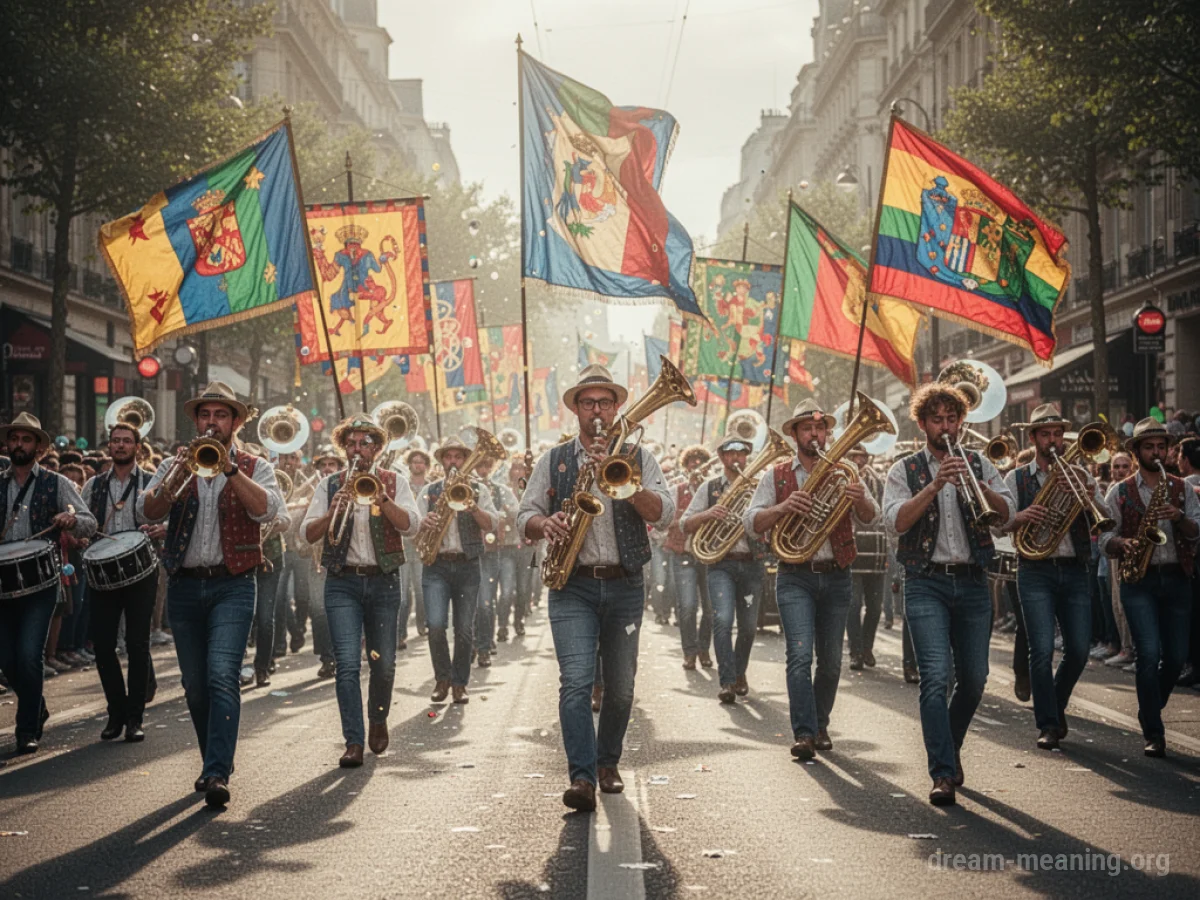 A lively parade with musicians playing instruments and colorful decorations.