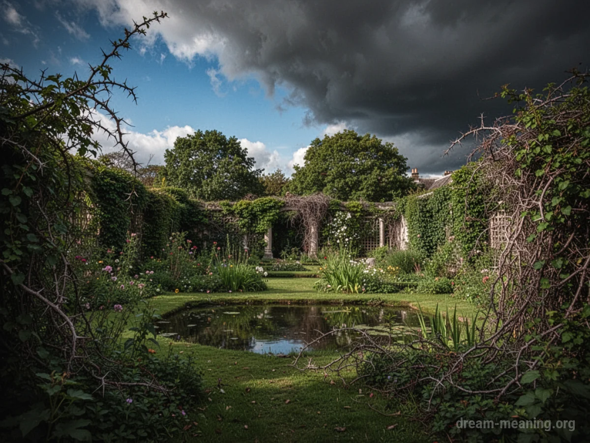 A garden transitioning from pristine to overgrown with thorny vines under dark clouds.