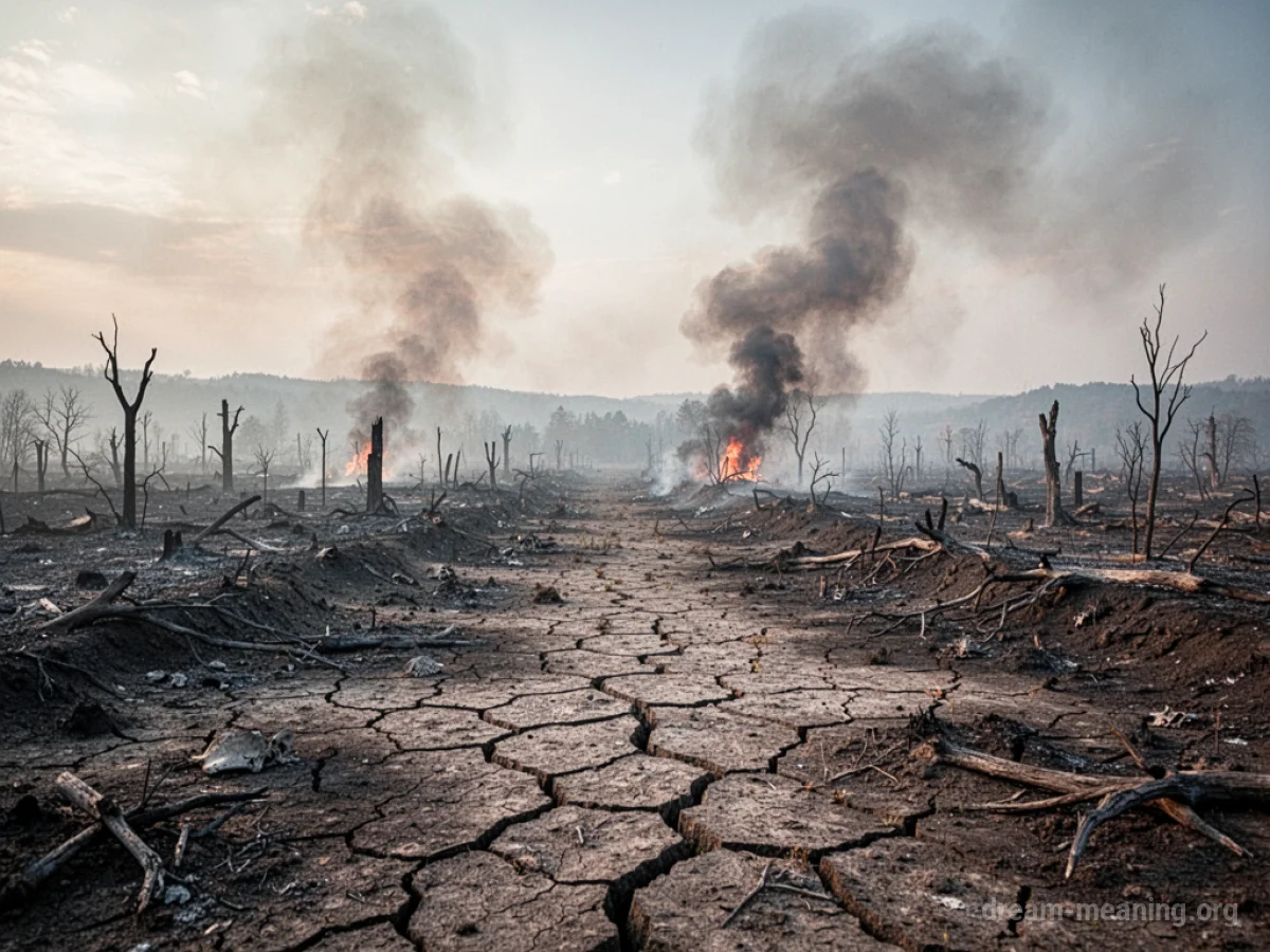 A ruined idyllic landscape with smoke in the distance.
