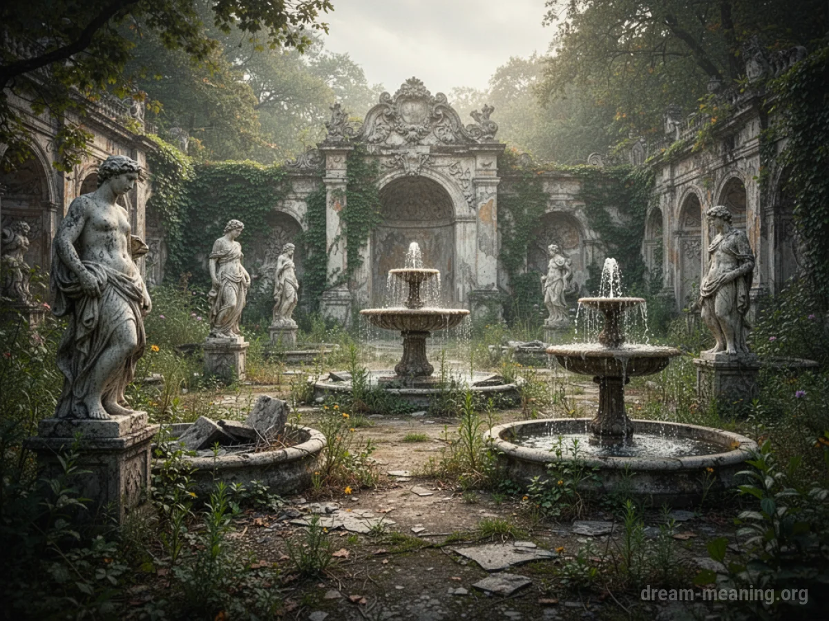 A neglected garden with broken statues and overgrown plants.