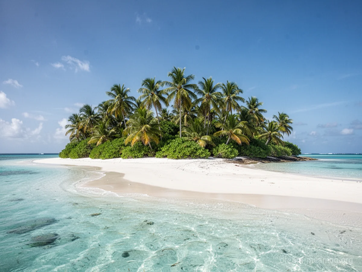 A tropical island with white sand and palm trees.