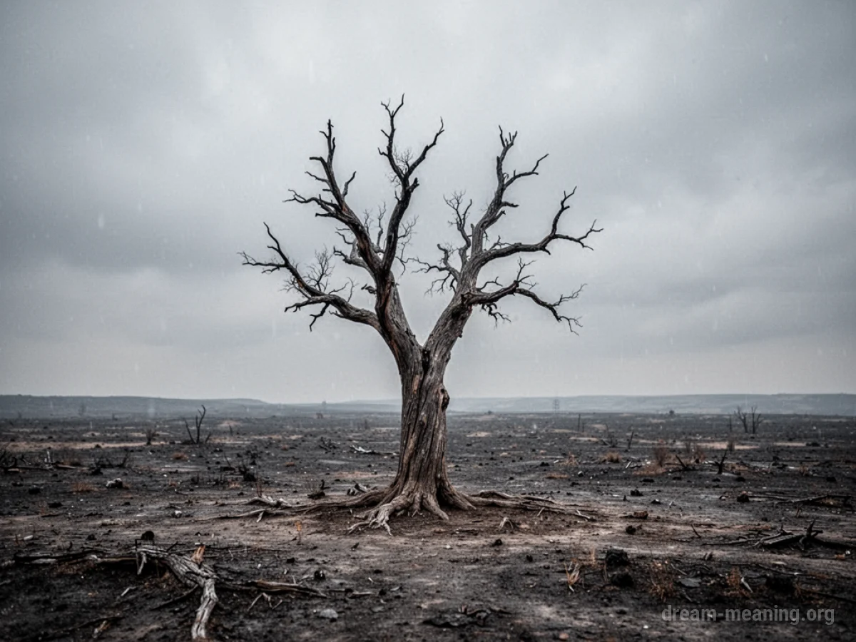 A solitary dead tree in a vast, empty, gray landscape.