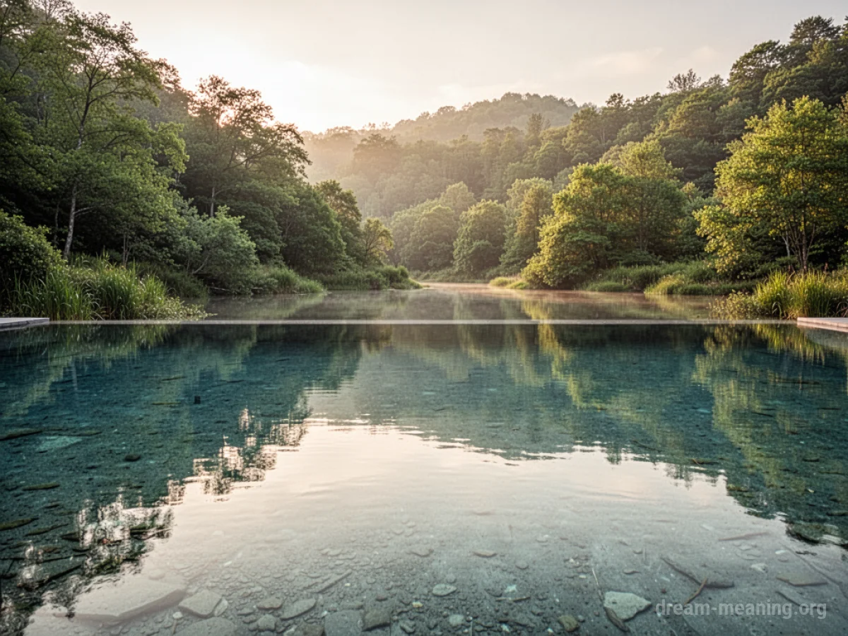 A tranquil body of clear water reflecting a peaceful, natural scene.