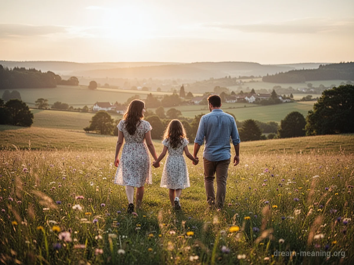 A family walks through a sunny meadow towards a beautiful, serene landscape.