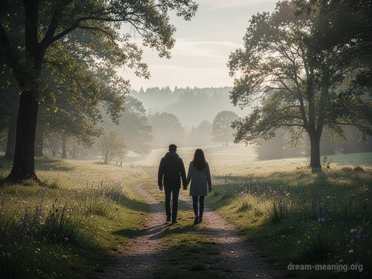 Silhouetted figures walking on a path in a peaceful, sunlit landscape.