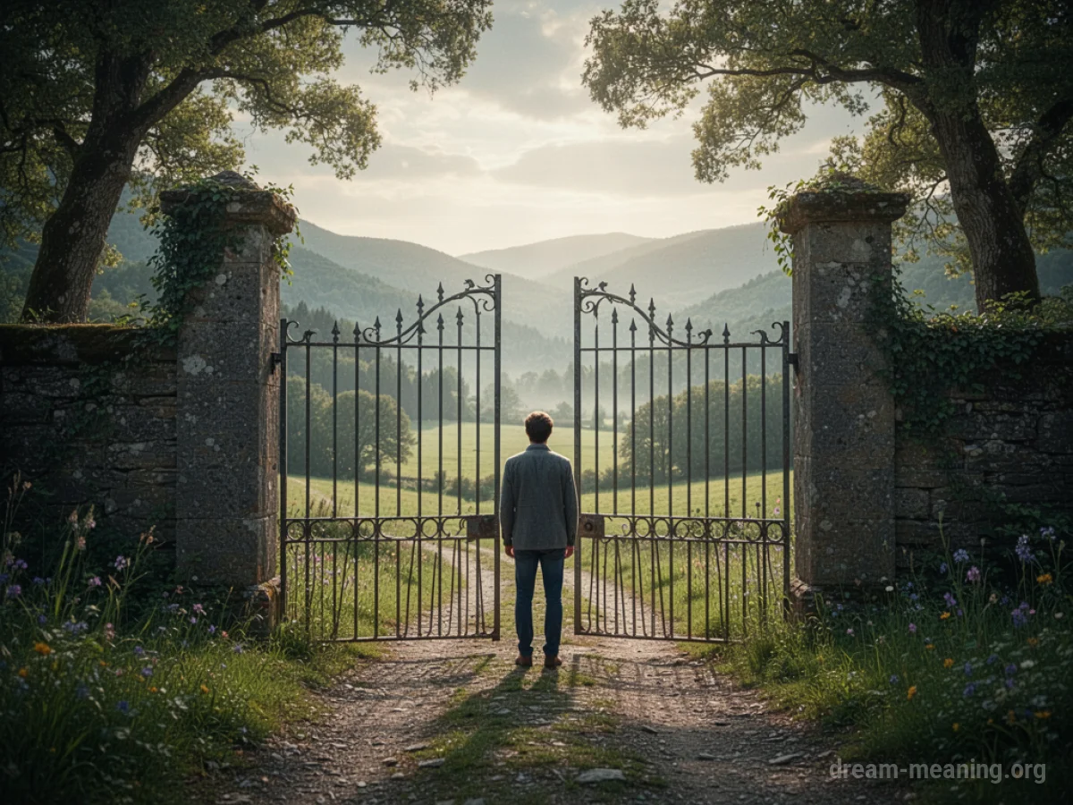 A person standing outside a gate looking at an idyllic landscape.