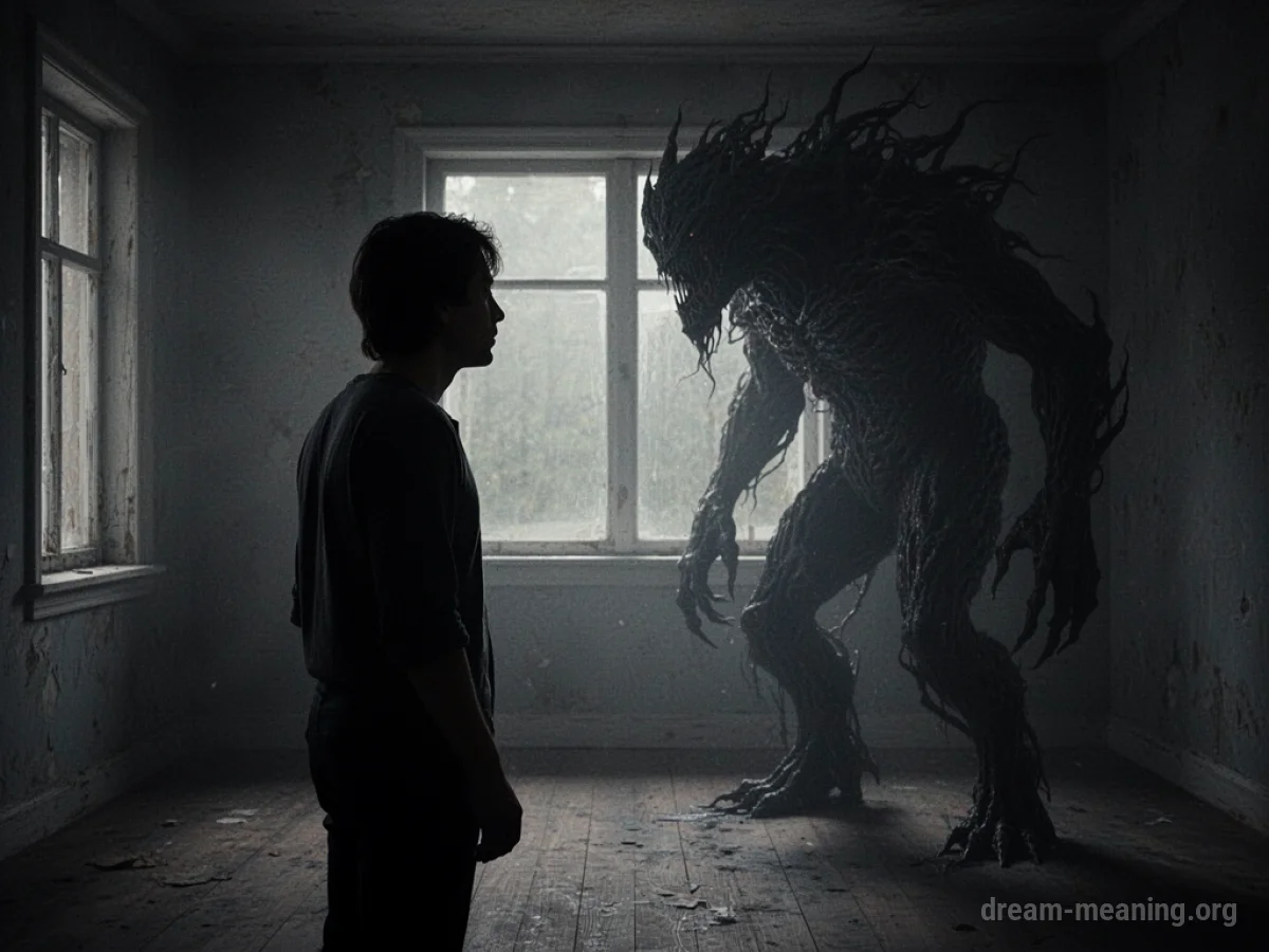 Silhouette of a person standing still, facing a large, dark shadow.