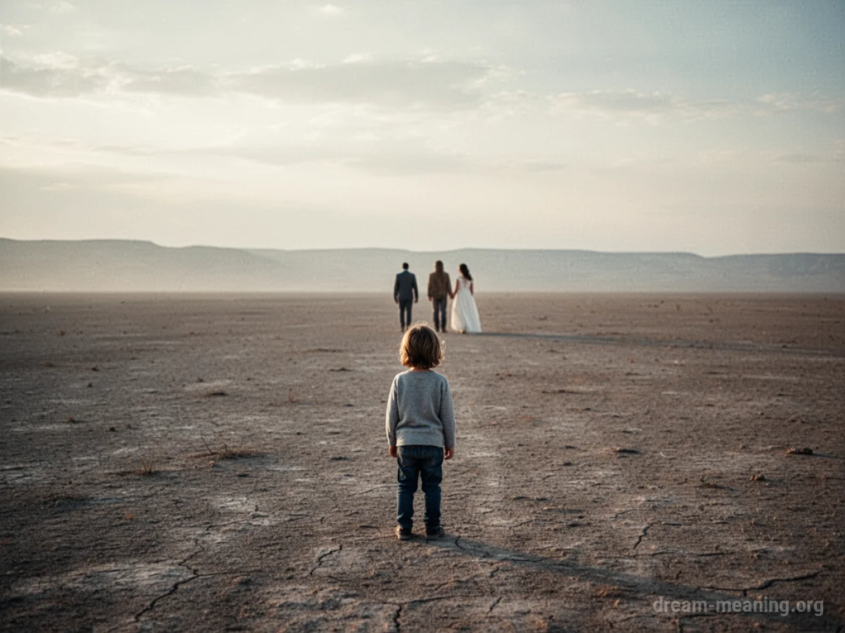 Silhouette of parents walking away from a child in a barren field.
