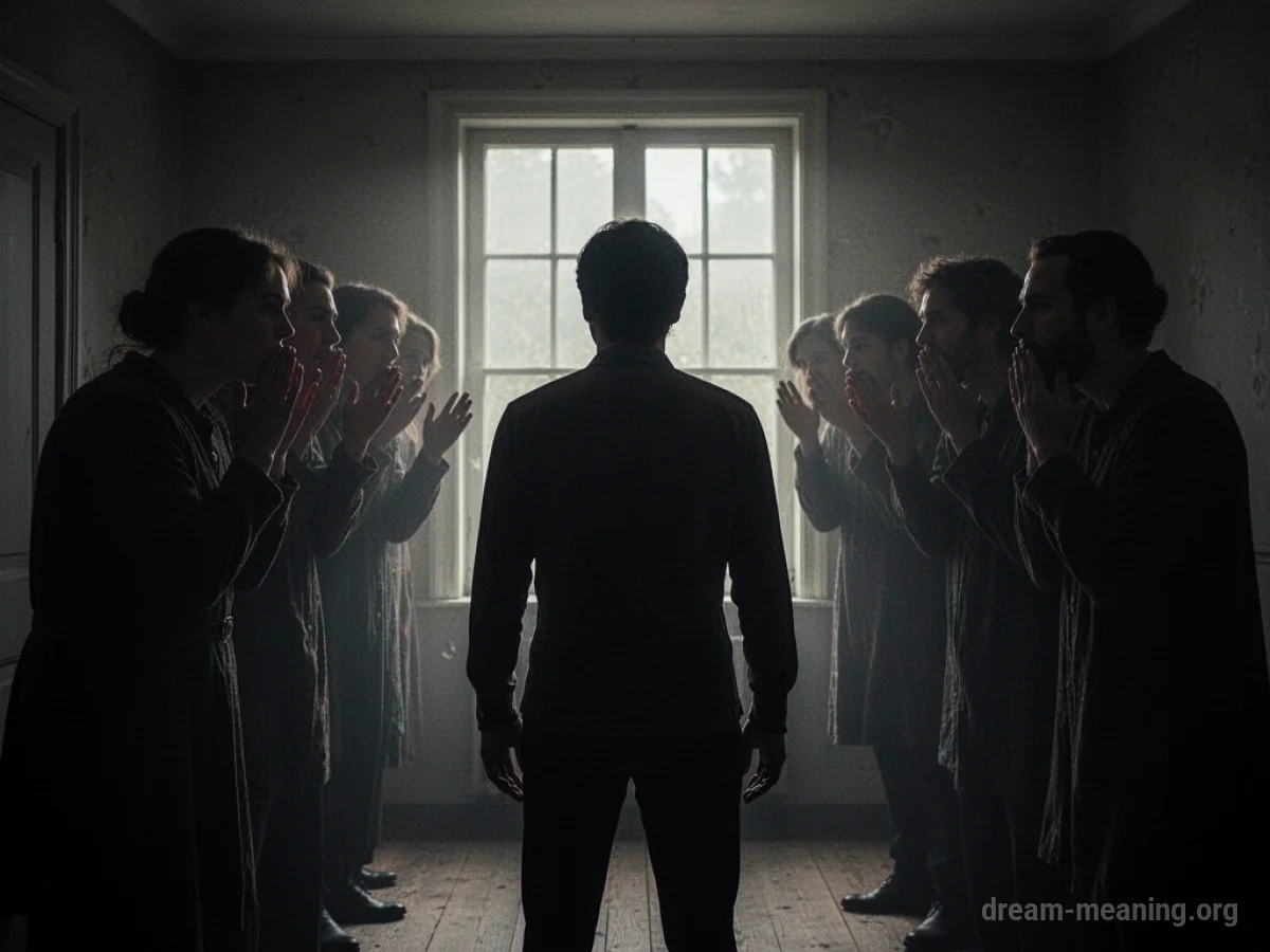 Silhouette of a person in a dark room with shadowy figures.