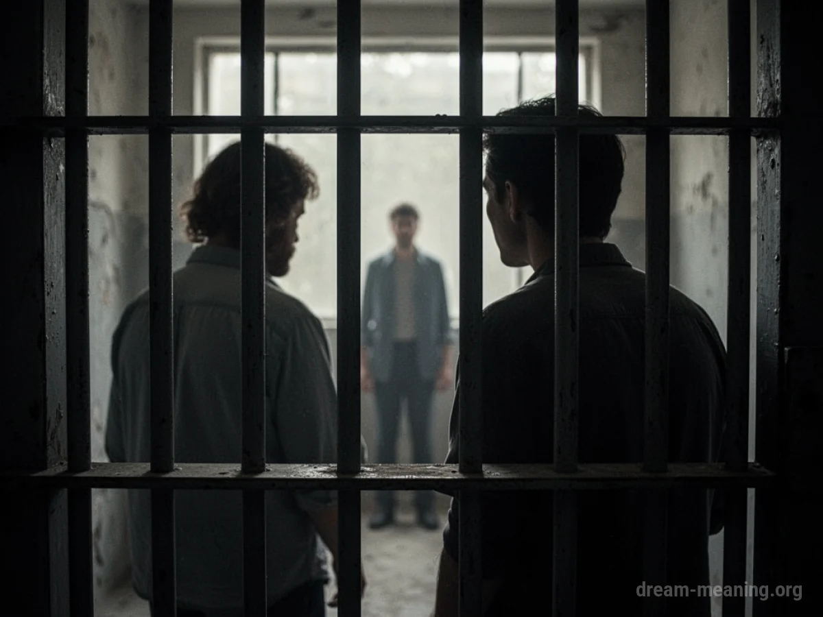 Silhouette of a person behind bars looking at another figure.