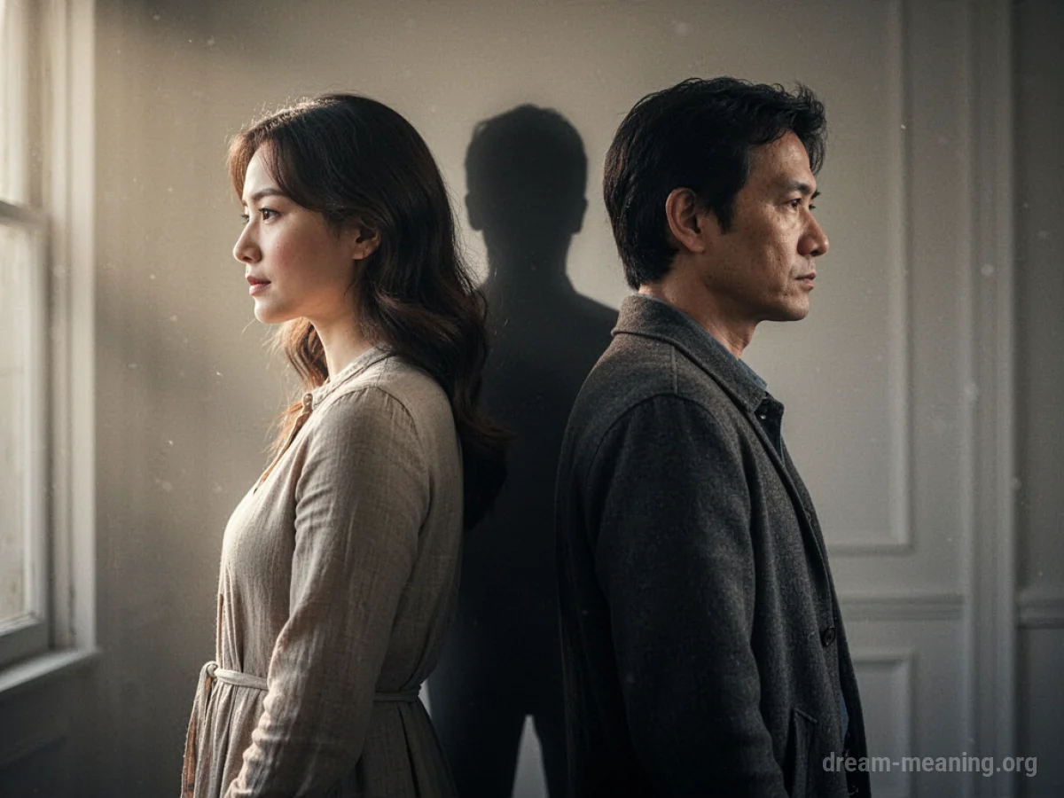 A couple facing away from each other with a dark, indistinct figure positioned between them.