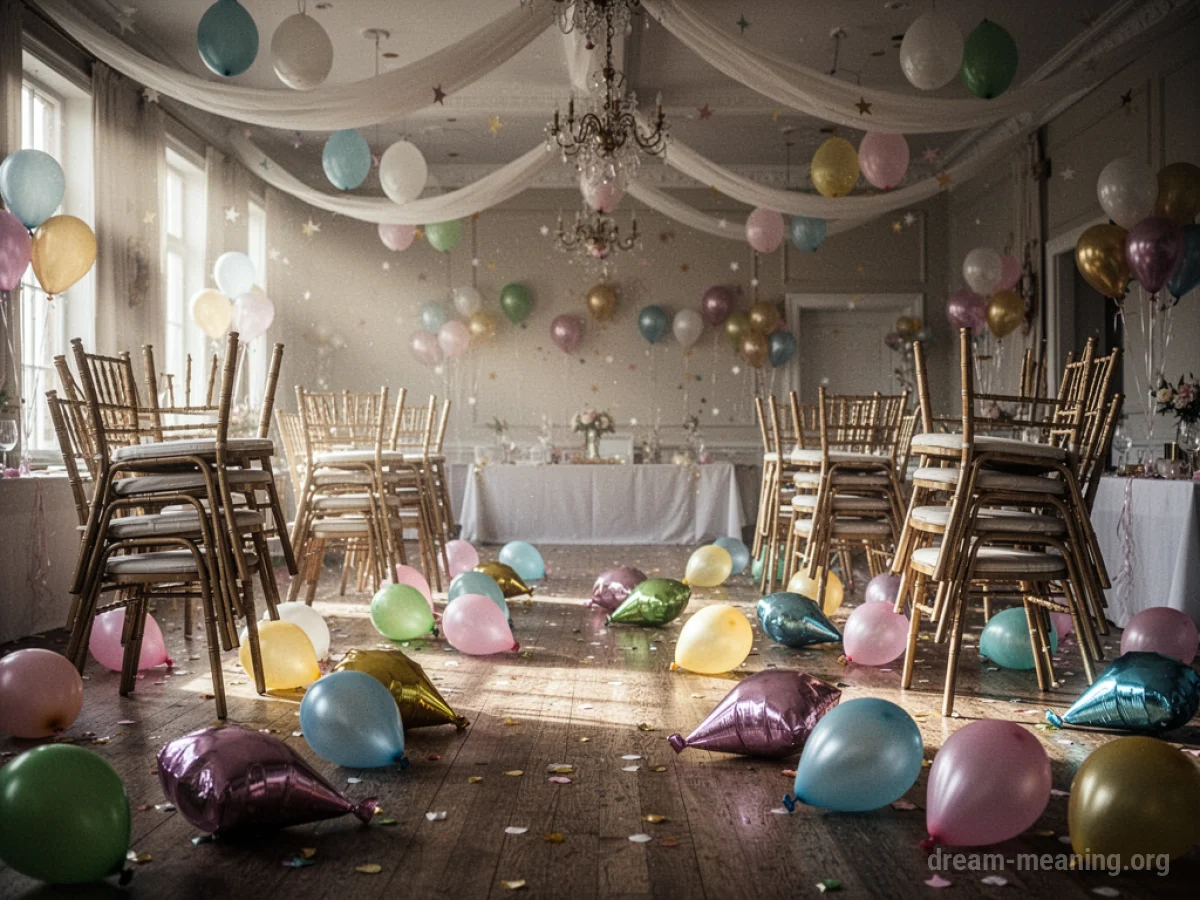 An empty party room with stacked chairs and deflated balloons.
