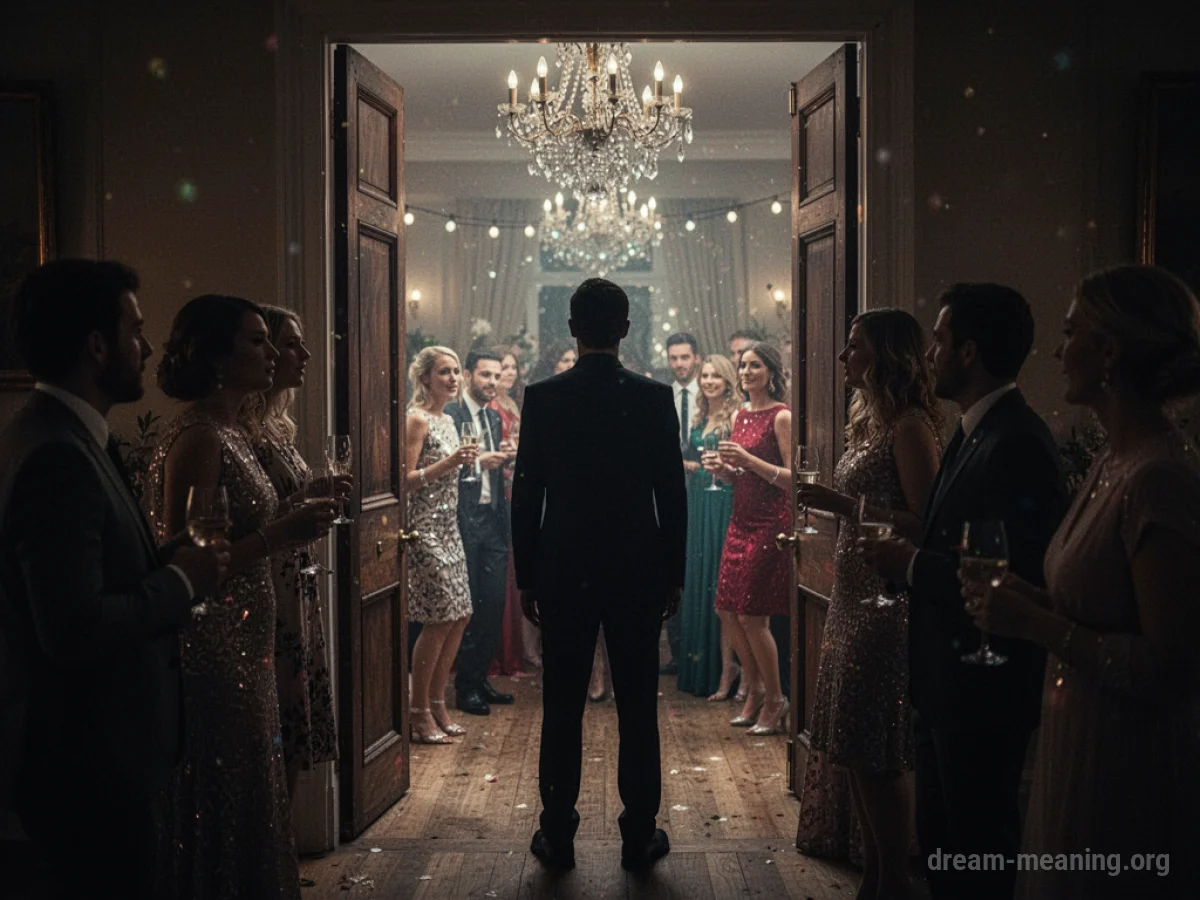 A dark silhouette of a person stands in the doorway of a brightly lit party.