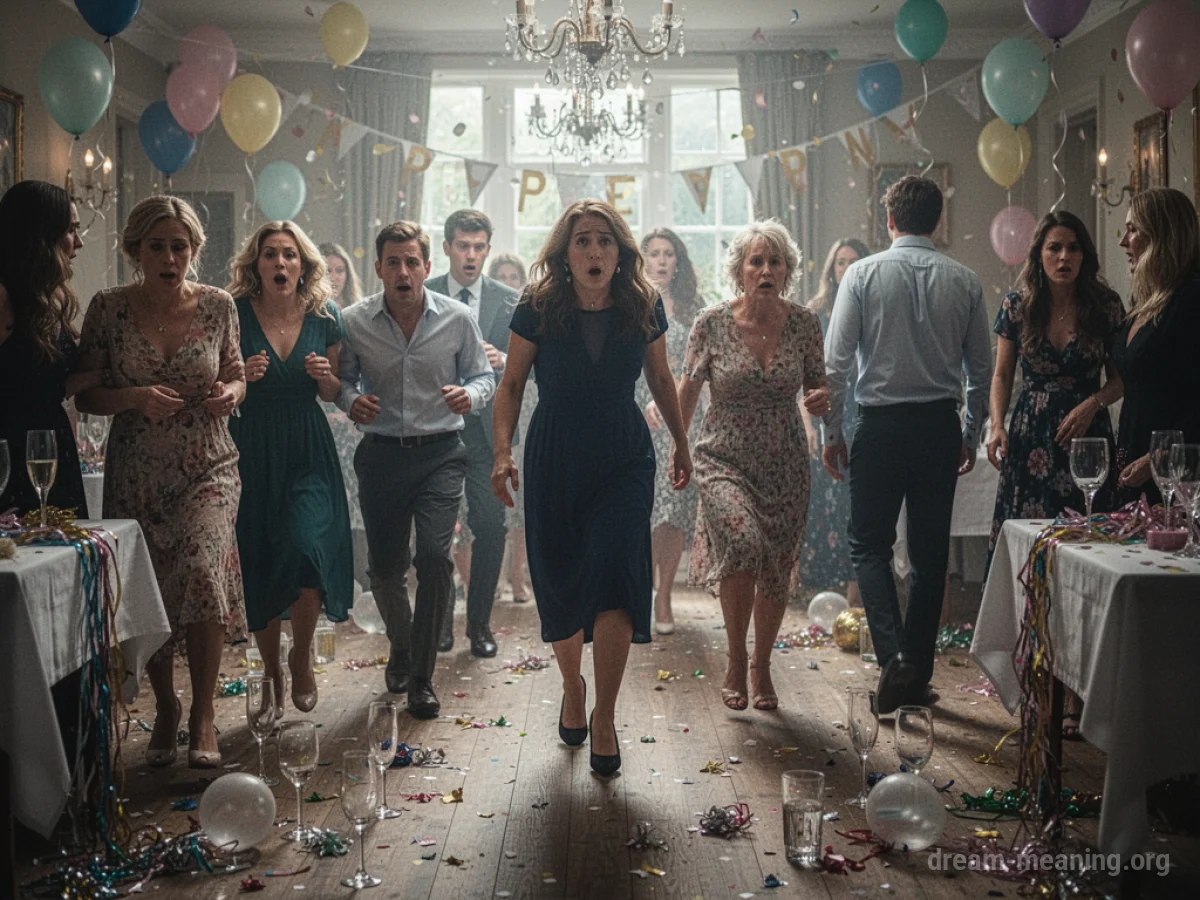 A party scene with guests abruptly leaving, leaving behind scattered decorations and empty glasses.