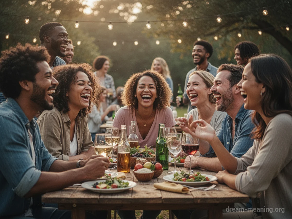 A diverse group of people interacting and smiling at an outdoor party.