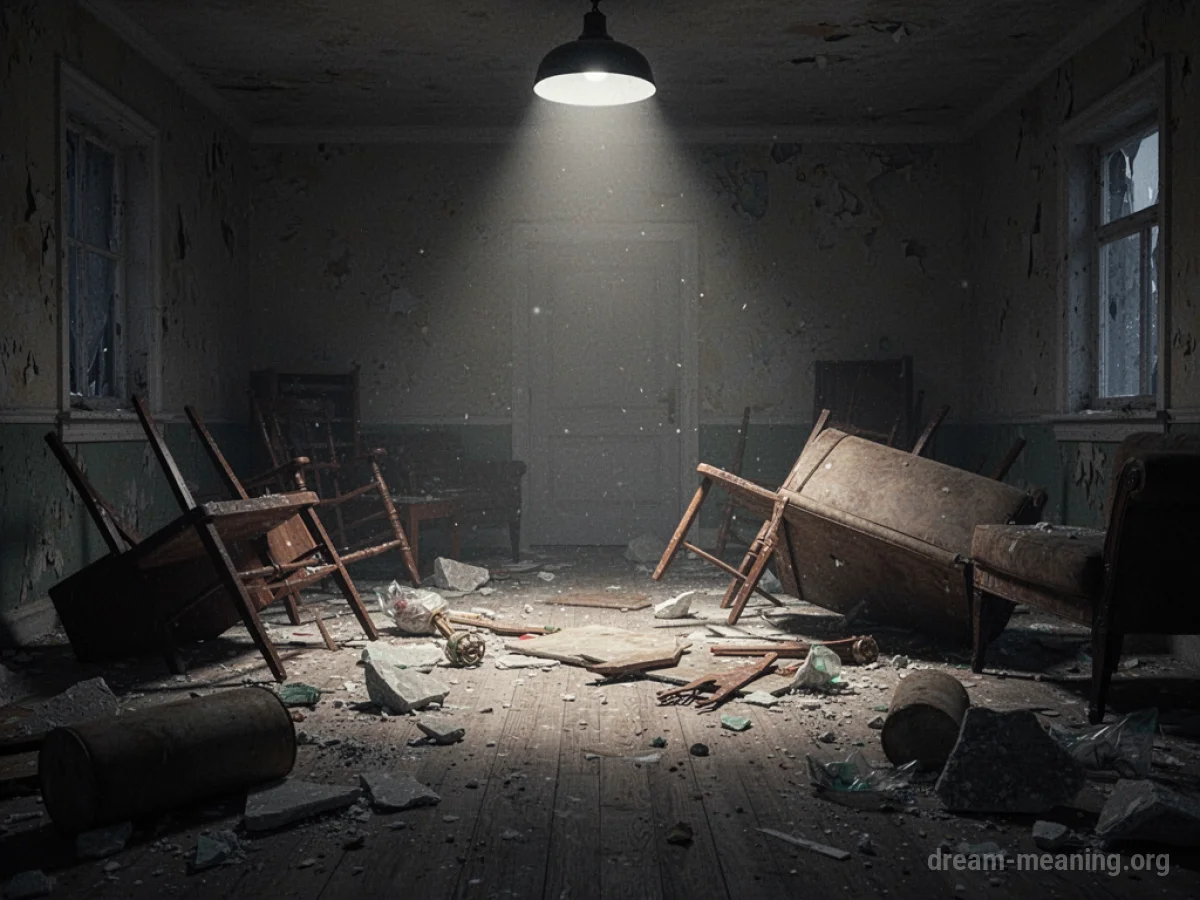 An overturned table and scattered cups in a darkened room.