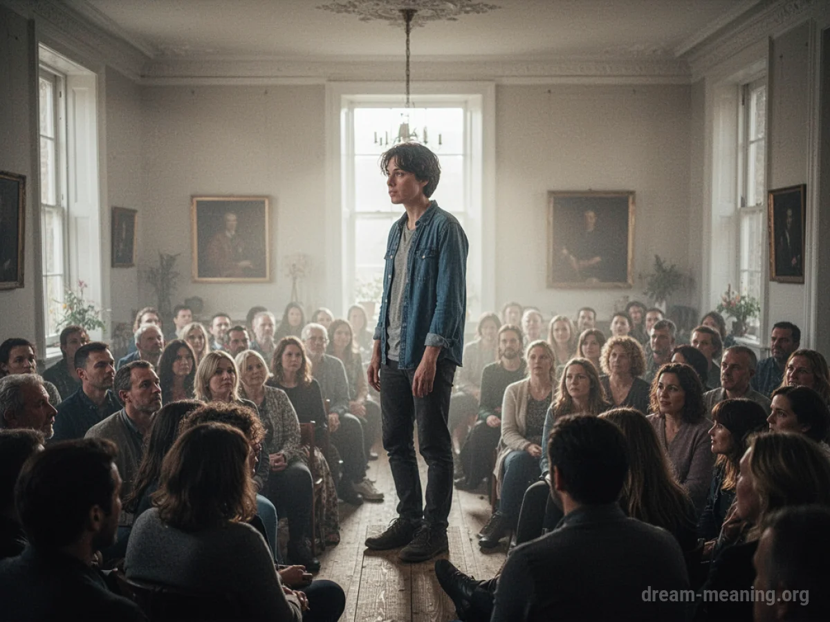 A person stands apart from a blurred crowd at a party.