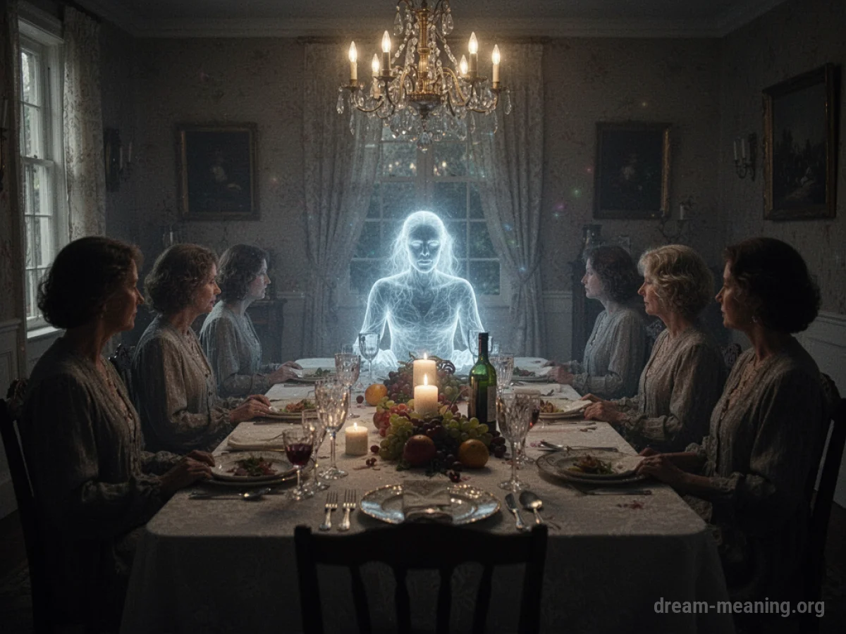 A spectral figure at the head of a party table with indistinct guests.