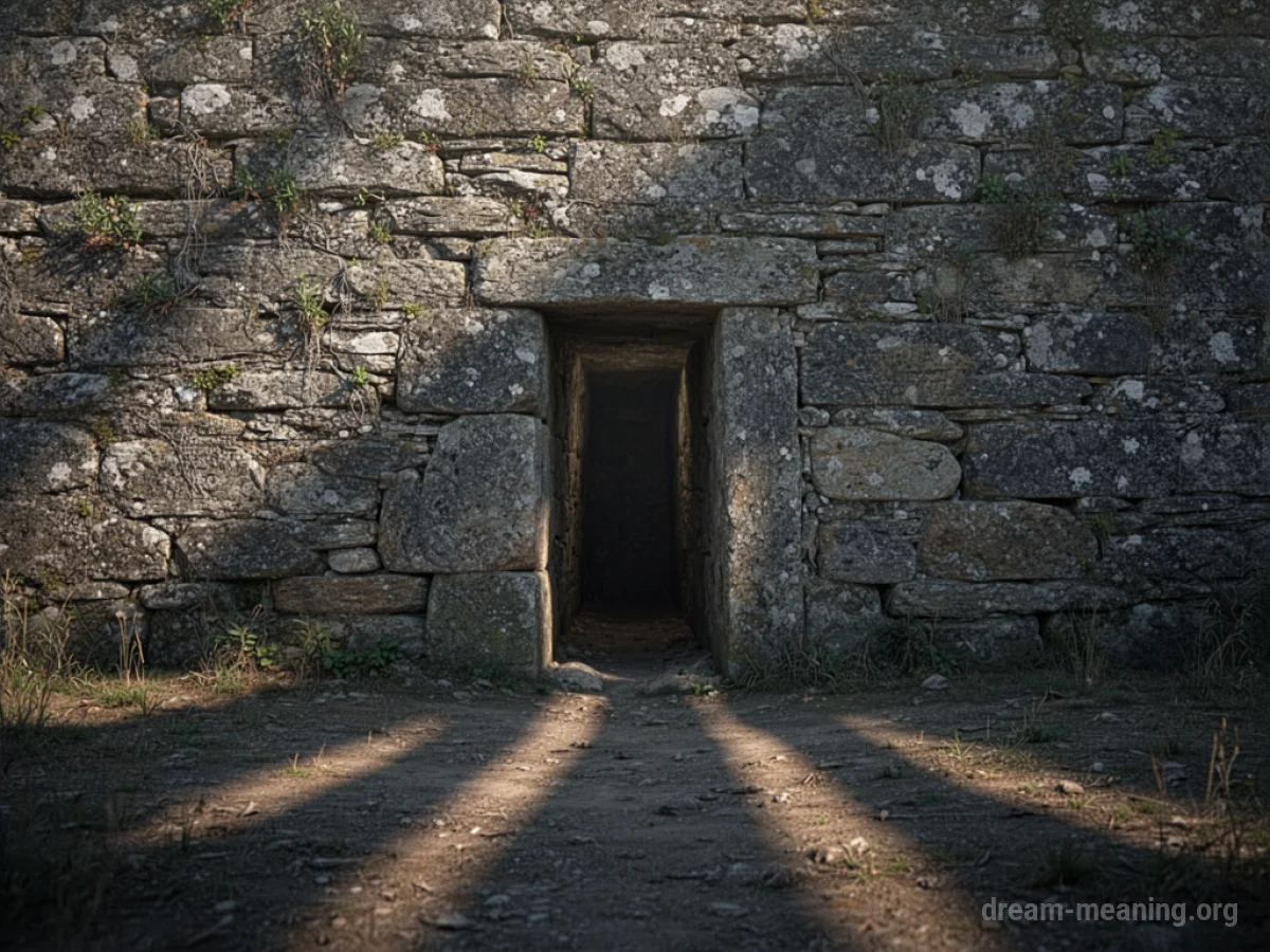 A stone wall with a dark, narrow opening.