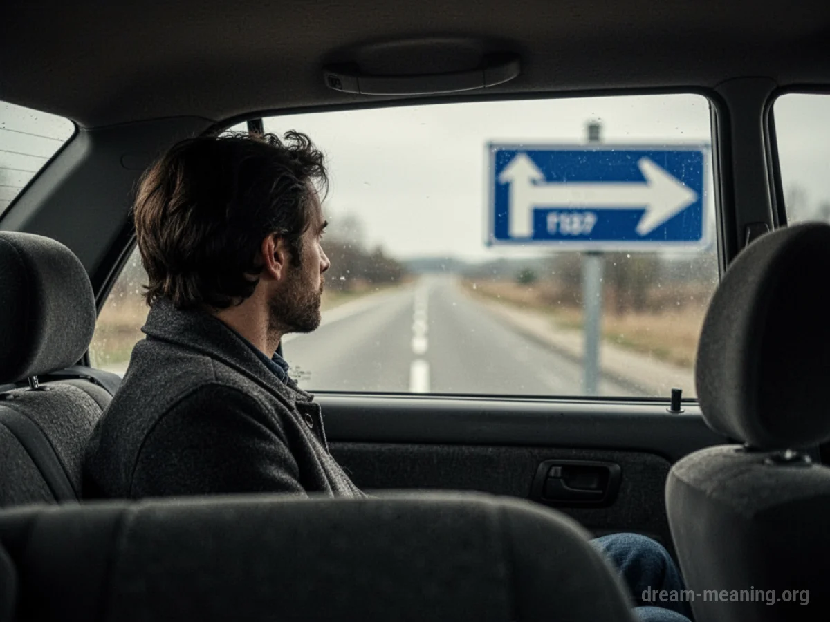 A person in the back seat of a car looks at a road sign indicating the wrong direction.