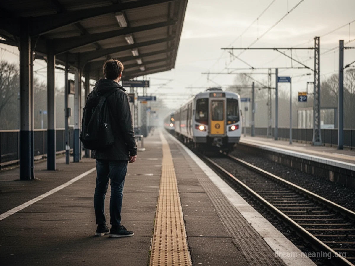 A solitary figure on a deserted platform watching a train depart.